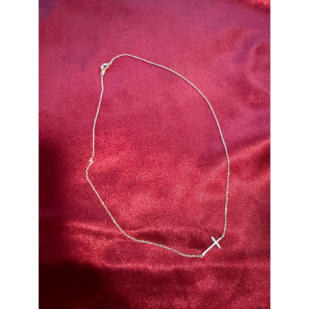 Sideways Cross Necklace Silver Tone Dainty Cable Chain MinimalReligious Jewelry